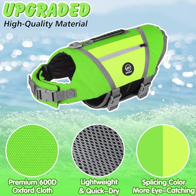EMUST Dog Life Jackets, Durable Dog Life Jackets for Swimming, Boating with High Visibility, Stylish Dog Swimsuit with D-Ring for Dog Leash for Swimming, Boating, Kayaking, Green, XL