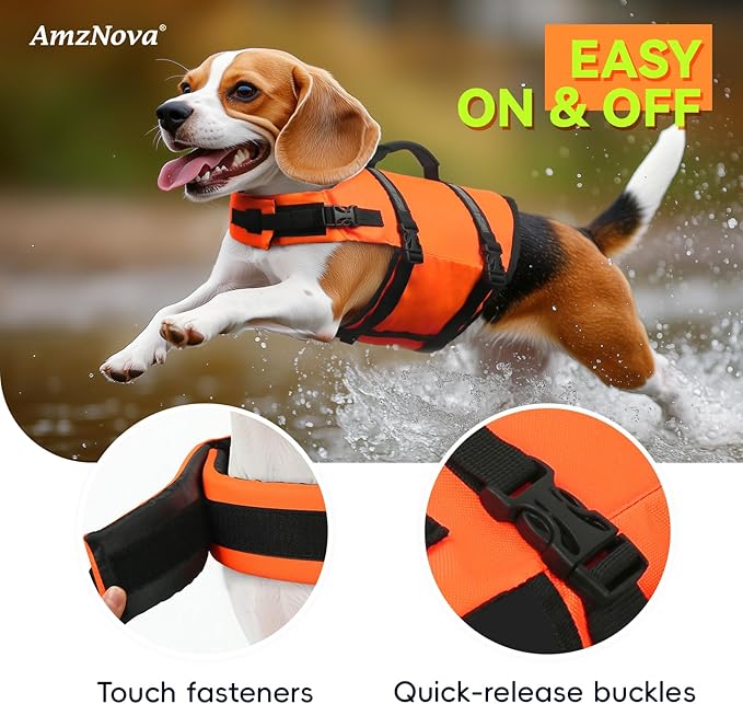 AMZNOVA Rip Stop Dog Life Jacket, Dog Life Vest for Swimming & Boating, Lightweight & Buoyancy for Doggy Puppy, Lifejacket with Handle, M, Bright Orange
