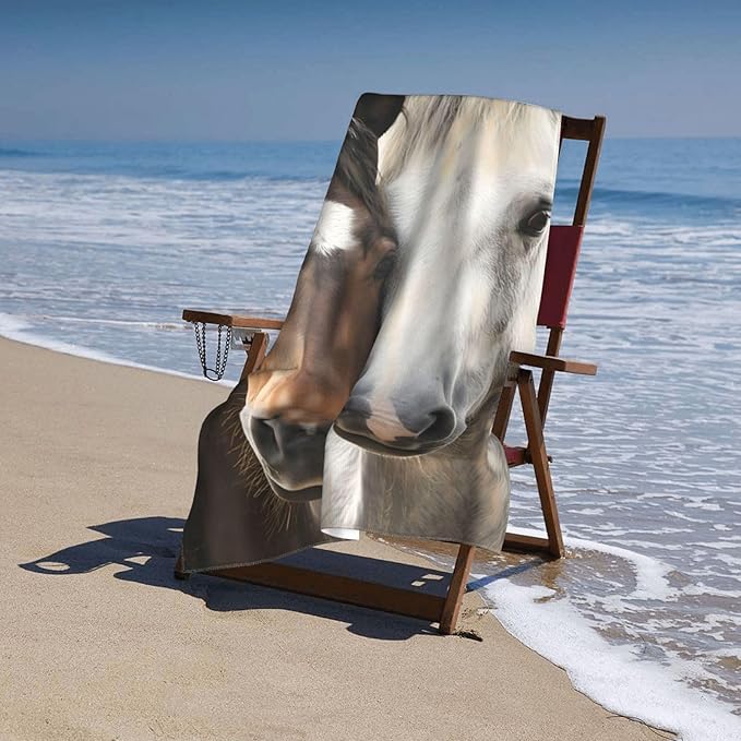 Horse Lovers Beach Towel, 51inx51in, Brown and White, 100% Cotton, Quick Dry, Absorbent, Lightweight, Portable, Fashionable