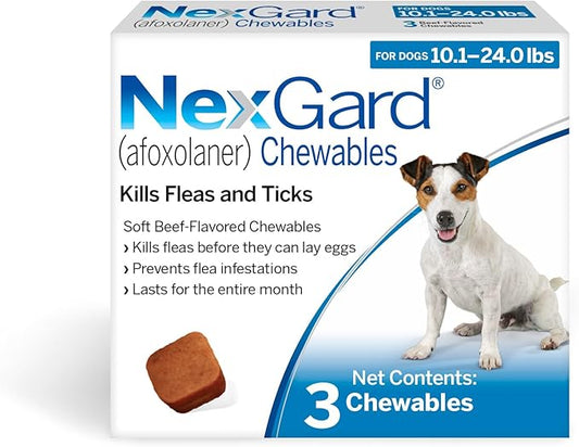 NexGard® (afoxolaner) Flea and Tick Protection for Dogs Oral Soft Beef Flavored Chewables,10.1 to 24 lbs. (Blue Box) 3 Chews (3 Month Supply)