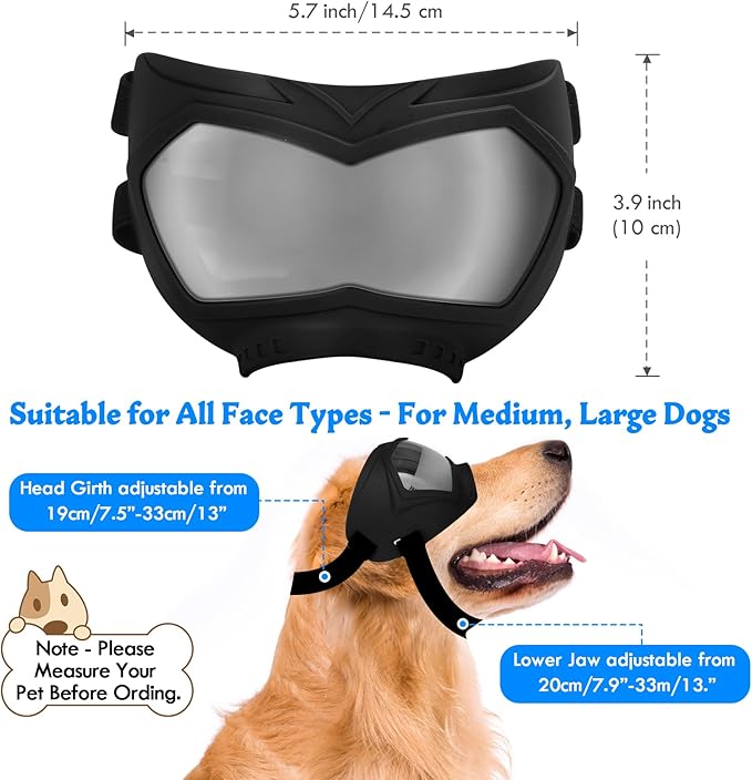 Large Dog Sunglasses Dog Goggles Pet Glasses Pet Eyewear with Adjustable Strap, Glasses for Medium Large Dog Swimming Skating Glasses Windproof Dustproof UV Proof (Black-Silver)