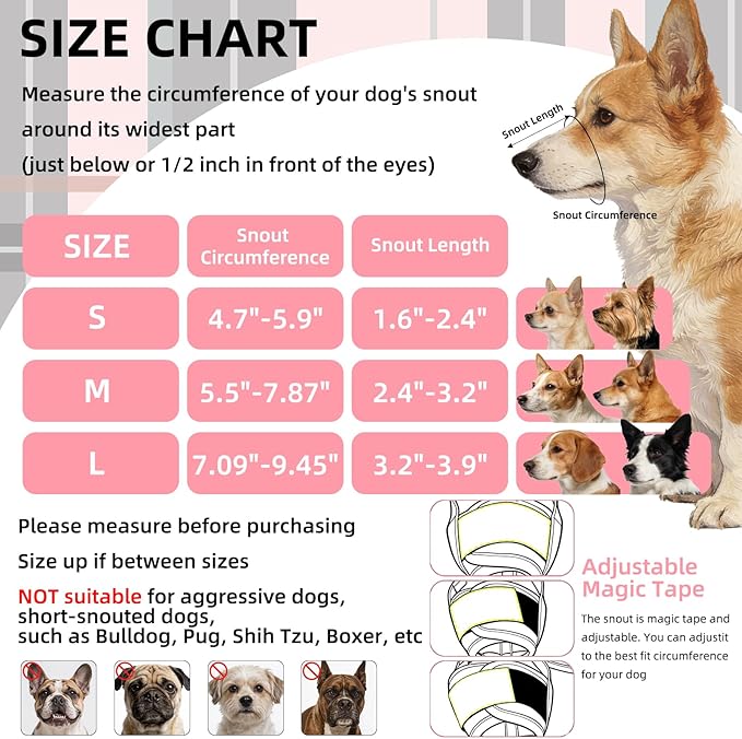 PUPTECK Dog Muzzle, Soft Adjustable Loop Reflective Pets Muzzle Prevent Biting Barking Chewing, Breathable Muzzle with Air Mesh Dog Mouth Guard Drinkable for Large Medium Small Sized, Pink Plaid S