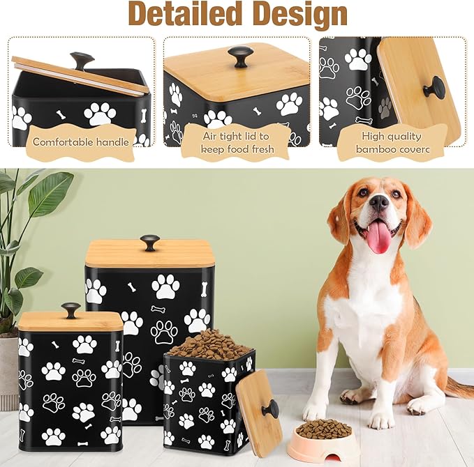 Airtight Dog Treat Container Set of 3 with Bamboo Lids Metal Treat Jars for Countertop Decorative Pet Snack Storage Canister Kitchen Biscuit Holder(Black)
