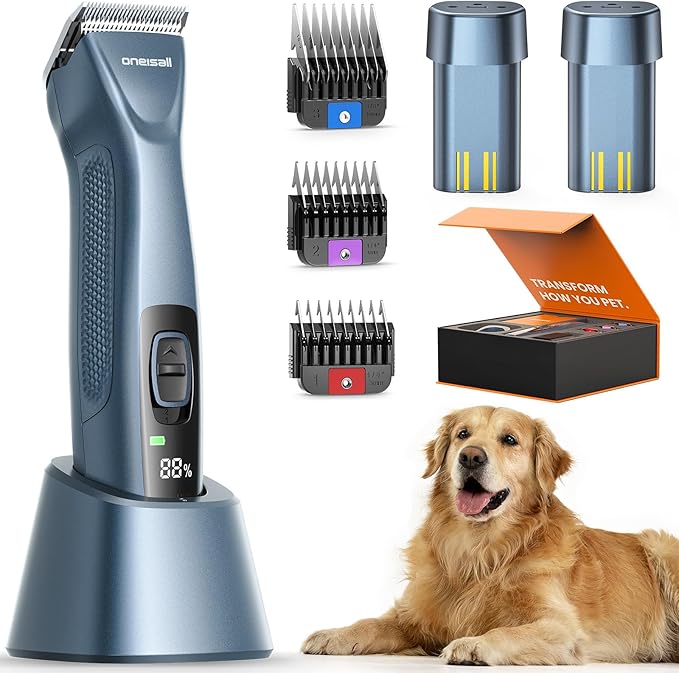 oneisall Professional Dog Clippers for Grooming with Dual Battery, Unlimited Runtime, Professional Dog Grooming Clippers 2 Speed for Thick Long Curly Matted Hair,A5 Blade, Metal Guide Combs