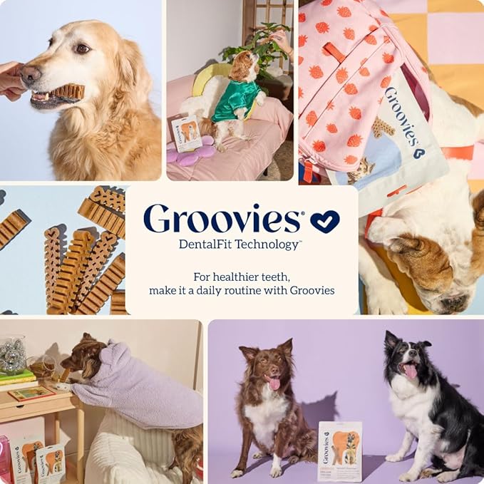 Groovies Flexible Dog Dental Chews with Patented DentalFit Technology to Help Support Tartar Control & Fresh Breath, Large Dog Chews for 25-50 lb Dogs, USA Manufactured Oral Care, 12 Chews