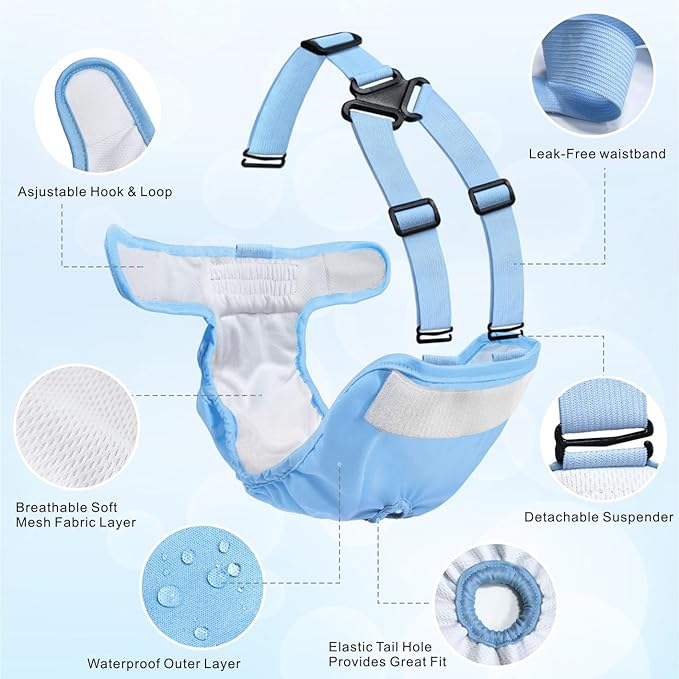 Idepet Female Dog Diapers with Suspender Detachable, 3 Pack Washable Reusable Girl Doggie Diapers for Small Medium Female Dog in Heat Period Cycle Urinary Incontinence Training XL