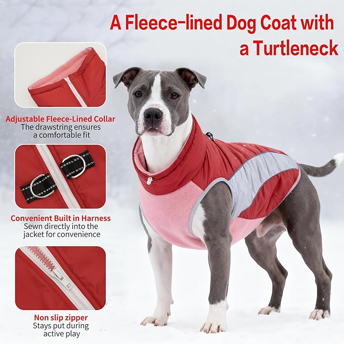 Dog Coats for Medium Dogs with Harness Built in, Waterproof Dog Jacket Warm Pet Winter Coat Snowsuit for Cold Weather, Reflective Fleece Windproof Jacket, Red, U-LDMF01L