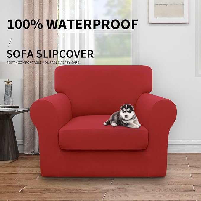 Easy-Going 100% Dual Waterproof 2 Pieces Chair Cover Stretch Soft Couch Cover for Dogs, Sofa Slipcover for 1 Separate Cushion Couch Leakproof Furniture Protector for Kids, Pets Christmas Red