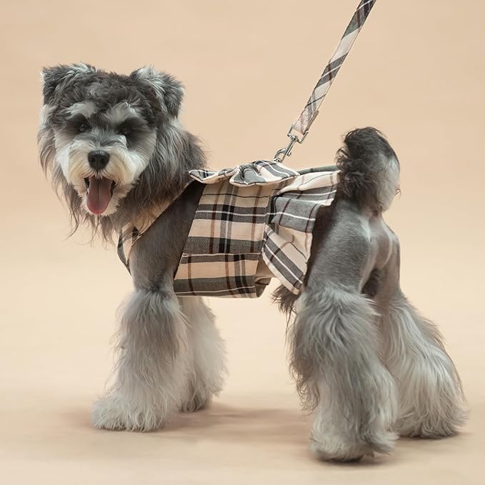 PUPTECK Plaid Dog Dress with Leash - Cute Puppy Harness Clothes for Small Medium Sized Dogs, Outfits for Girl Puppy Wedding Birthday Costume