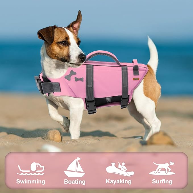EMUST Dog Life Jacket, Lightweight Dog Life Vests with Thickened Rescue Handle for Large Dogs, Pet Safety Swimsuit Preserver for Swimming Pool Beach Boating, SakuraPink, XXL