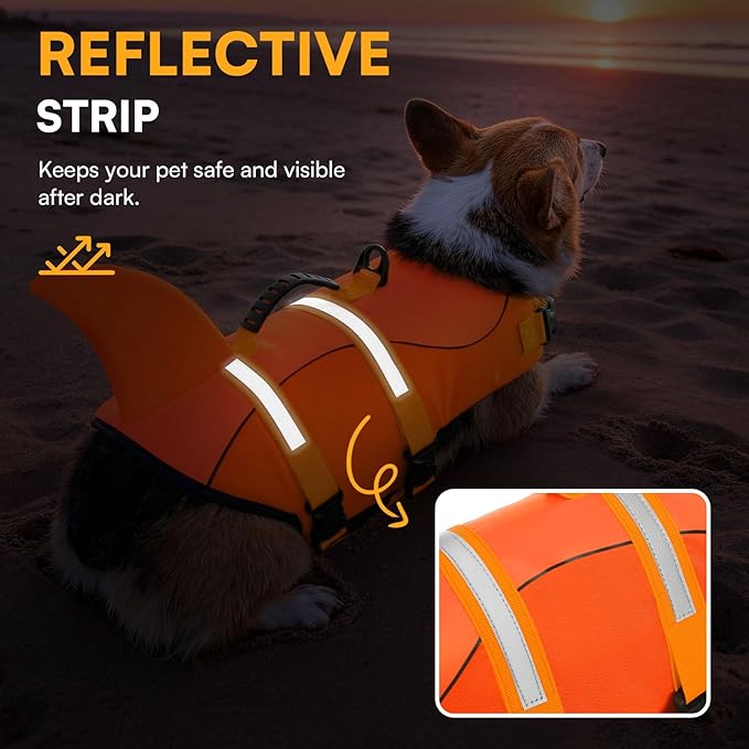 Queenmore Dog Life Jacket, Dog Life Vest for Swimming, Medium Dogs Shark Swimming Safety Vest Adjustable Preserver with High Buoyancy, Pet Lifesaver for Medium Dogs, Orange M