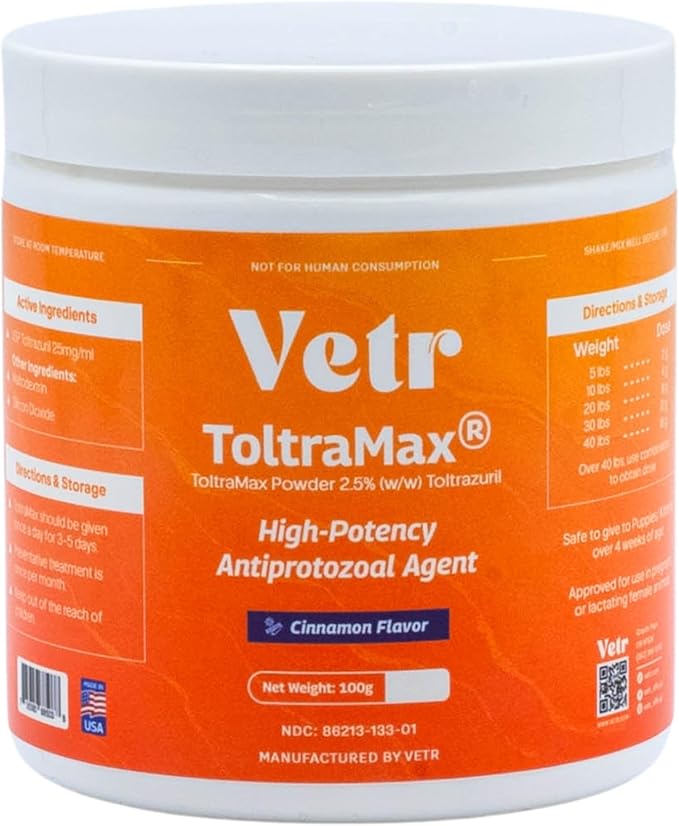 Vetr's Toltramax Toltrazuril Powder for Horses, Dogs, Cats, 100g (2.5%, Cinnamon)