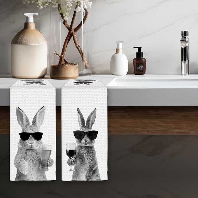 Bunny Gifts Wine Kitchen Towels Set of 2, Gifts for Bunny Rabbit Wine Lovers Decorative Hand Dish Towel for Kitchen Home Bar, Funny Rabbit Beer Lover Home Bar Cart Decor(16x24 Inch)