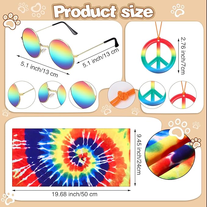 4 Pcs Hippie Dog Costume Pet Dog Hippie Costume Set Includes Sunglasses Scarf Cloak Necklace(Tie Dye,Large)