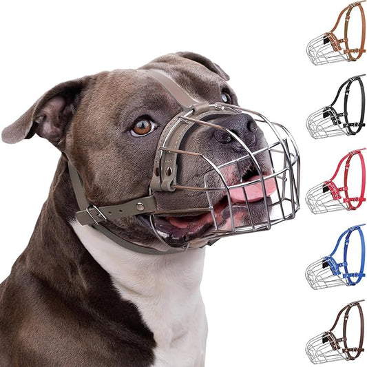 BRONZEDOG Pitbull Dog Muzzle Breathable Metal Basket for Large Dogs Amstaff Staffordshire Terrier Biting Chewing Barking (Leather, Gray)
