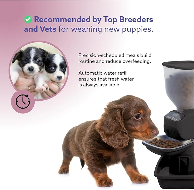 Feeding Friend® Automatic Dog & Cat Food Feeder with Water Dispenser Smart Pet Feeder with Portion Control, OLED Display, Anti Jam Design, Battery Operated Dispenser for Small XS 4-15 lbs Pets Black
