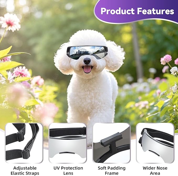ENJOYING Dog Sunglasses Small Breed, Anti-UV Puppy Goggles for Small Dogs, Windproof Outdoor Dog Eye Protection for Driving Biking, Adjustable Head Straps, Cute Silver