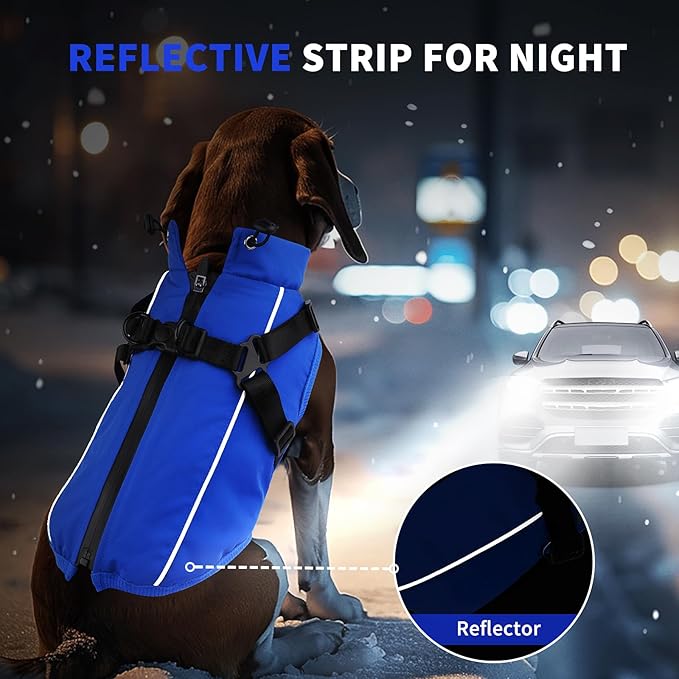 Dog Winter Coat Reflective Water-Resistant Jacket, Fleece Lined Windproof Puppy Coat with Back Zipper & D-Ring, Cold Weather Dog Coats for Small Medium Dogs (XL, Blue)