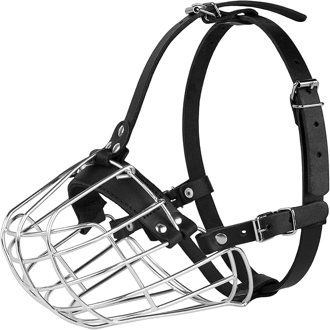 Pitbull Dog Muzzle Metal Mask Amstaff Secure Wire Basket Adjustable Durable Leather Straps for Large Dogs (Steel)