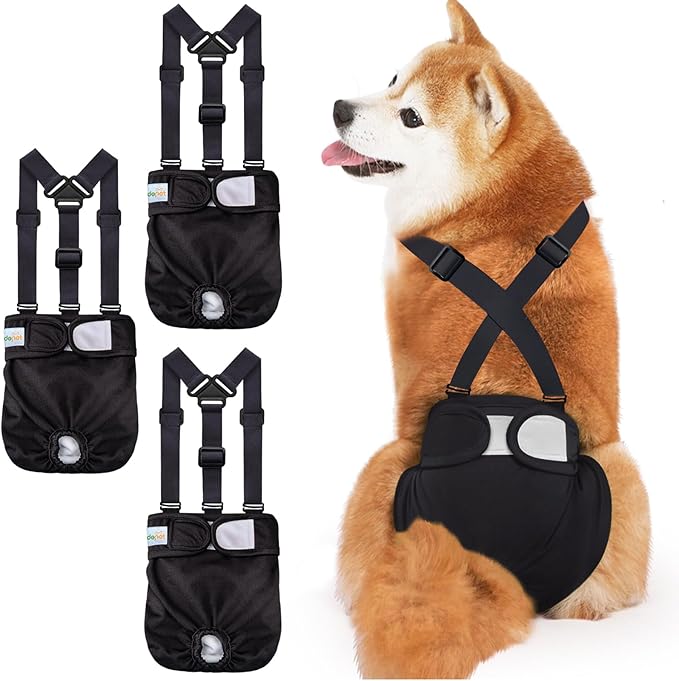 Idepet Female Dog Diapers with Suspender Detachable, 3 Pack Washable Reusable Girl Doggie Diapers for Small Medium Female Dog in Heat Period Cycle Urinary Incontinence Training XS