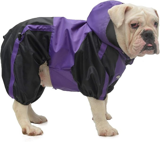 Lovelonglong American Bully Pitbull Dog Hooded Raincoat, Bulldog Rain Jacket Poncho Waterproof Clothes with Hood Breathable 4 Feet Four Legs Rain Coats for Pugs English French Bulldog Purple B-L