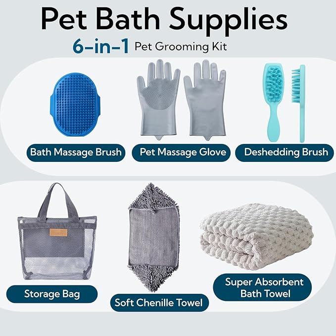 6 Pack Dog Towels for Drying Dogs, Bath Supplies Bath Grooming Kit for Pets, Pet Bath Towel Super Absorbent Set with Hair Brush, Washing Gloves for Large or Small Cats,Grey