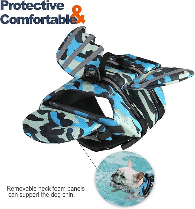 Dog Life Jacket, Wings Pet Life Vest for Swimming Boating Reflective Dog Flotation Swim Vest with Handle and Chin Float for Small Medium Large Size Dogs - Blue Camo, XS