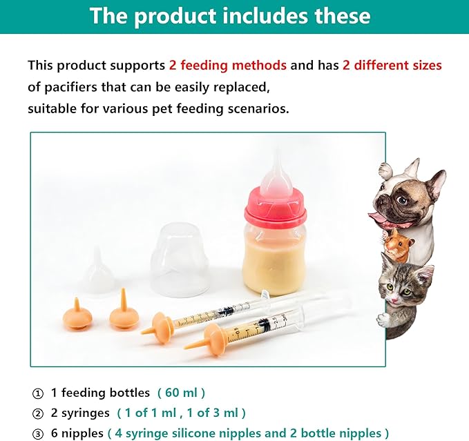 Pet Feeding Bottle and Syringe Set for Puppies and Kittens(1 Bottles,2 Syringes,6 Nipples), Pink