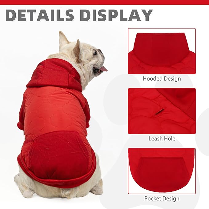 KOOLTAIL Warm Winter Coat for Small Dogs, Waterproof Jacket with Leash Hole, Soft Pet Hoodie Sweater for Puppy, Cats, Girls, Boys Red SM