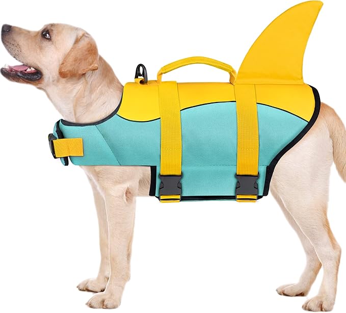 Malier Dog Life Jacket, Ripstop Dog Life Vest with High Buoyancy for Swimming Boating, High Visibility Shark Puppy Lifesaver for Small Medium Large Dogs (Large)