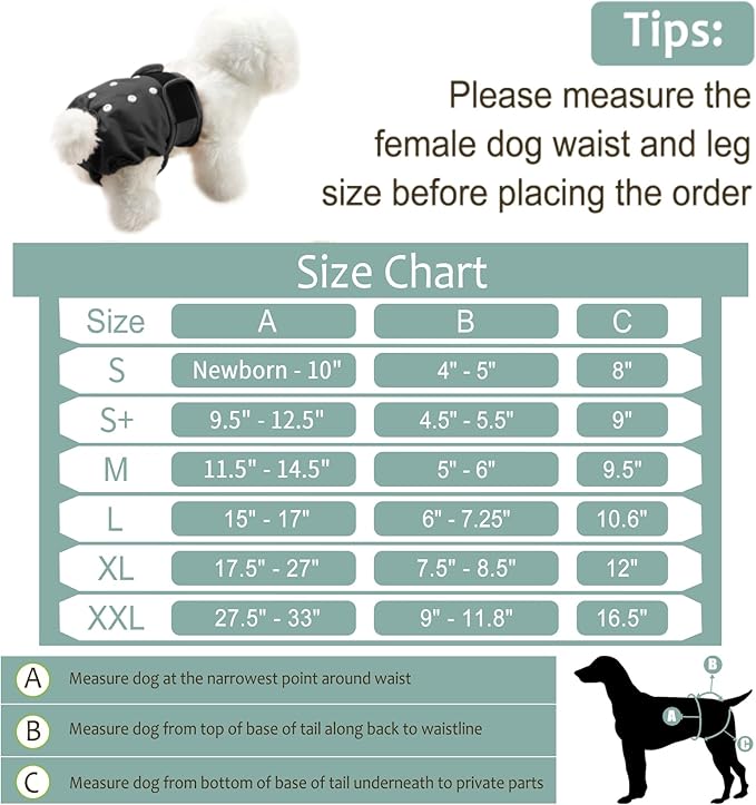Washable Female Dog Diapers 5 Pack - Doggie Reusable Small Medium Large Dog Diapers for Doggy Puppy Female in Period - Highly Absorbent Dog Heat Panties,S Plus,Black