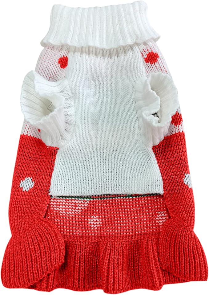 CHBORCHICEN Pet Dog Sweaters Classic Knitwear Turtleneck Winter Warm Puppy Clothing Cute Strawberry and Heart Doggie Sweater (L, Dress-Red1)