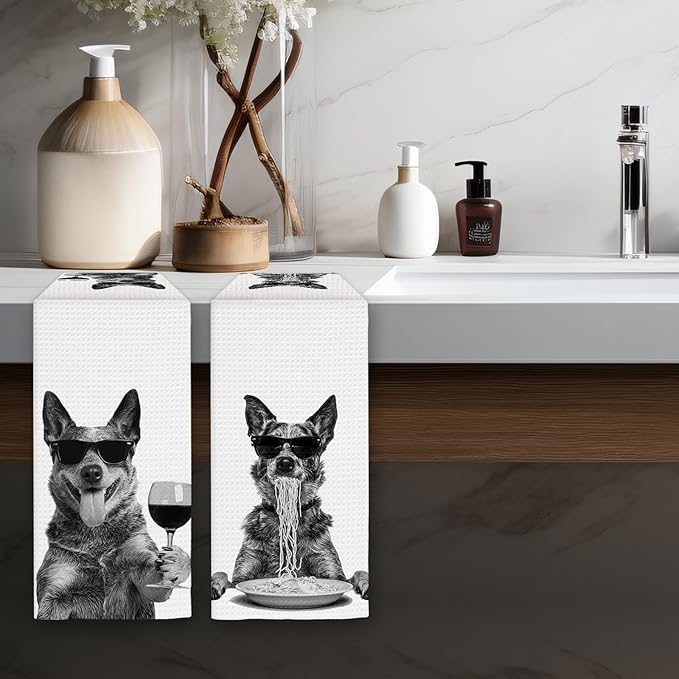 Blue Heeler Gifts Wine Kitchen Towels Set of 2, Funny Dog Eating Pasta Decorative Hand Dish Towel for Kitchen Home Bar, Gift for Australian Cattle Dog Wine Lovers Home Bar Decor(16x24Inch)
