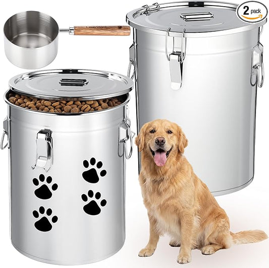 Lounsweer 2 Pack 7 Gal Stainless Steel Dog Food Storage Container with Lid and Locking Clamp 28 L Metal Airtight Container Large Stainless Steel Bucket with Food Scoop for Pet Feed