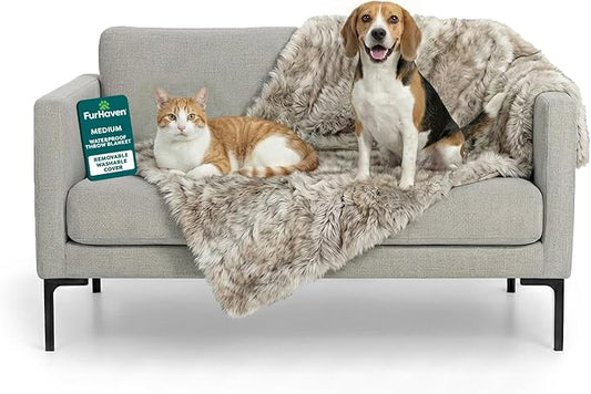 FurHaven Waterproof Throw Blanket for Dogs & Indoor Cats, Reversible Protective Pet Blanket, Medium, Long Faux Fur & Velvet, Driftwood