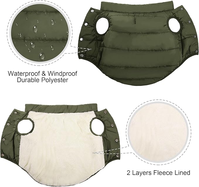 ASENKU Windproof Dog Winter Coat Waterproof Fleece Jacket Cold Weather Pet Apparel for Small Medium Large Dogs (ArmyGreen, XL)