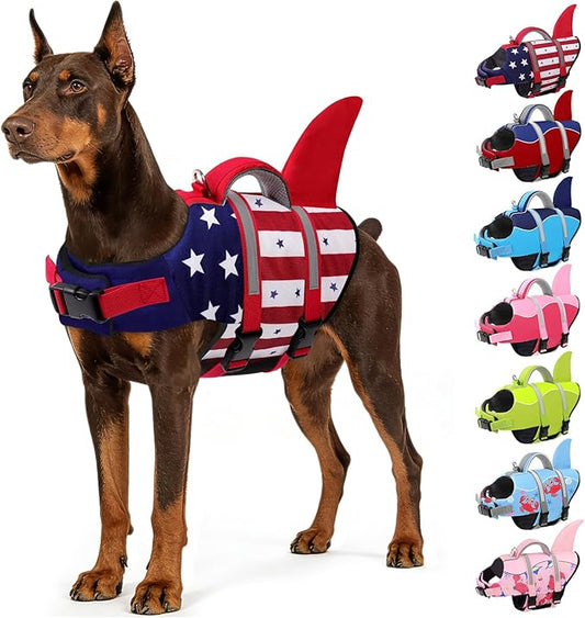 AOFITEE Dog Life Jacket, Dog Life Vest for Swimming, Shark Dogs Swimming Vest with Rescue Handle and Reflective Stripe, Ripstop Pet Float Coat Swimsuit Lifesaver Small Medium Large Dogs Blue XL