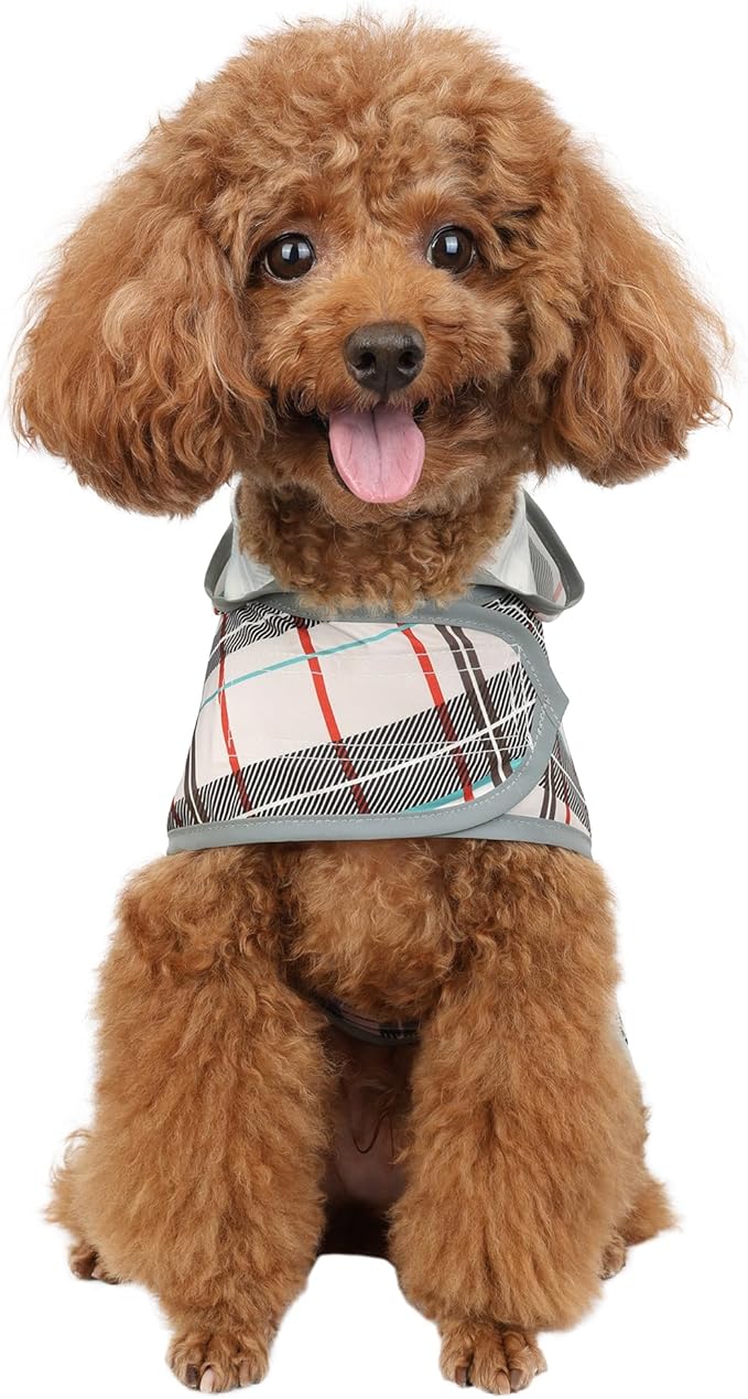 Dog Raincoat for Small Dogs Puppies Waterproof Jacket Hooded Rain Coats with Reflective Strips Leash Hole & Poncho Adjustable Fit (Plaid,XS)