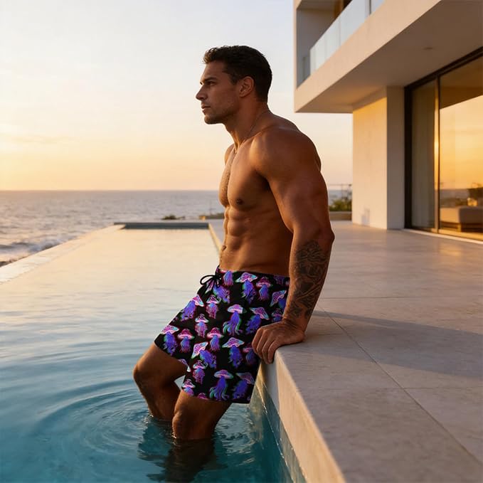 Mens Swim Trunks with Compression Liner Quick Dry Zipper Pocket Bathing