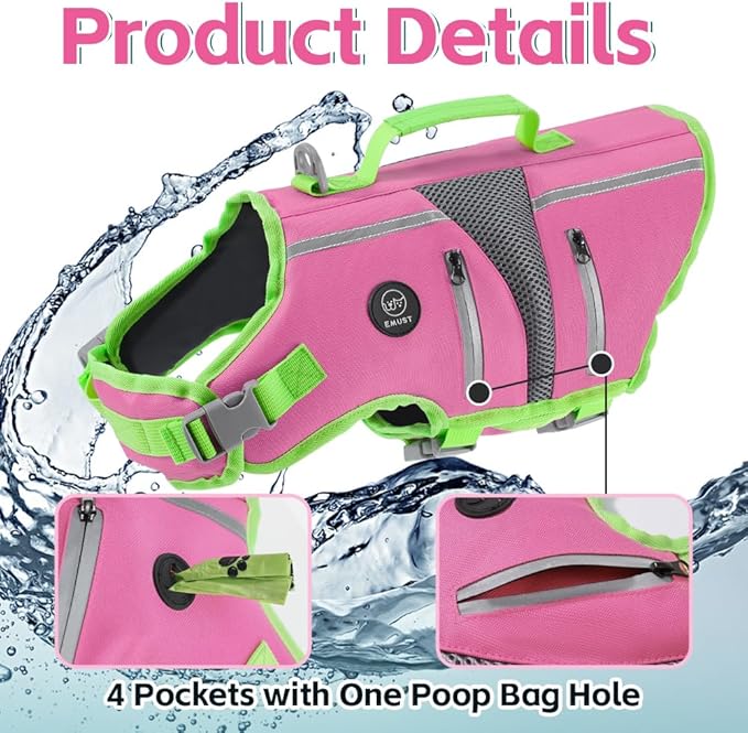 EMUST Dog Life Jacket, Reflective Dog Life Vest for Swimming with 4 Pockets, High Buoyancy Small Medium Large Dog Floating Vest with Reinforced Rescue Handle, Pink, XS