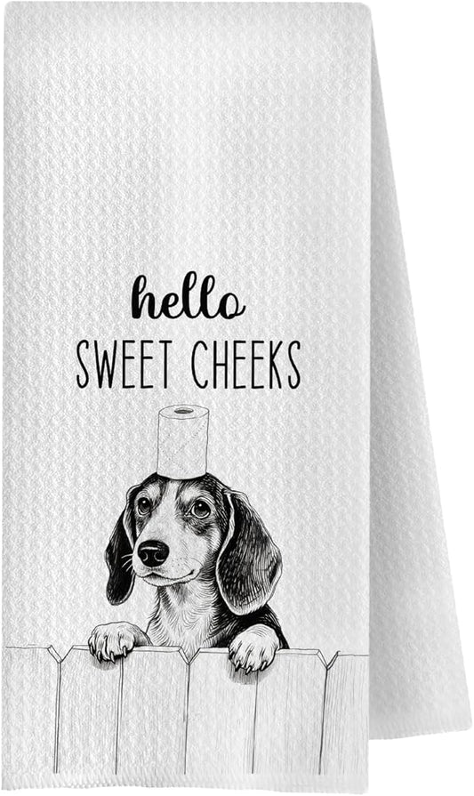 Farmhouse Funny Dachshund Dog Hand Towels, Hello Sweet Cheeks Bathroom Decor, Weiner Dog Lover Gifts Decorative Hand Towels for Bathroom Washroom Restroom, 16x24 Inch