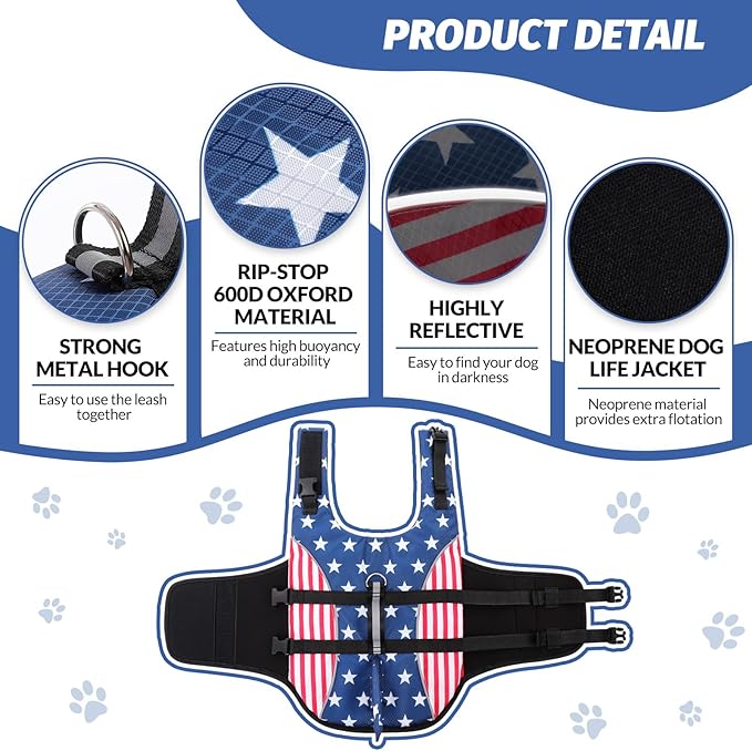 Queenmore XS Dog Life Vest for Boating, American Flag Dog Life Vest for Swimming, Lightweight Small Dog Life Jacket with Shark Fin/Rescue Handle/Leash Hook