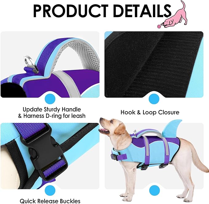 AOFITEE Dog Life Jacket, Dog Life Vest for Swimming, Shark Dogs Swimming Vest with Rescue Handle and Reflective Stripe, Ripstop Pet Float Coat Swimsuit Lifesaver Small Medium Large Dogs Purple XL