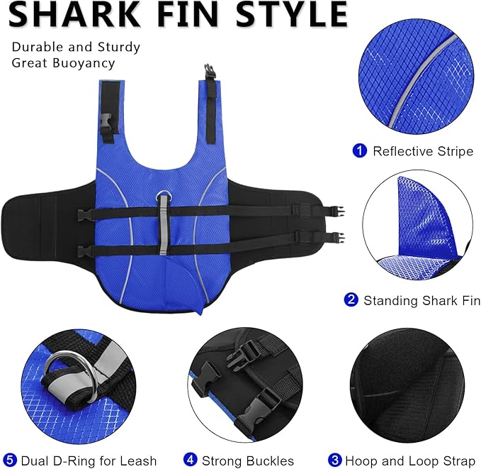 Queenmore Ripstop Dog Life Jacket Shark Life Vest for Dogs, Safety Lifesaver with High Buoyancy and Lift Handle for Small and Medium Breeds（Blue S）