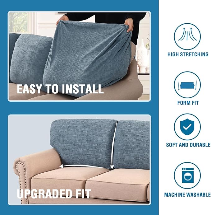 H.VERSAILTEX Jacquard Individual Couch Cushion Covers Stretch Sofa Covers for 3 Cushion Couch Anti-Slip Furniture Protector Soft Thickened Slipcovers Crizzle Pattern(3 Back Covers, Stone Blue)