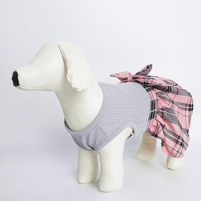PUPTECK Classic Plaid Dog Dress Pet Apparel with Cute Bowtie Puppy Clothes Outfit,Grey,M