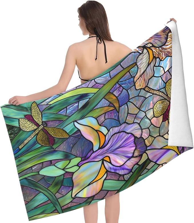 Stained Glass Dragonfly Beach Towel Art Sand-Free Microfiber Bath Towel Ultra Soft Quick Dry Pool Towel Absorbent Towel Lightweight Towel Gifts for Outdoor Bathroom Swimming Decor 31inx51in