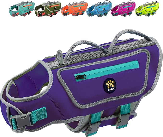Dog Life Vest for Swimming, High Flotation Dog Life Jacket for Large Dogs Good Visibility Reflective Dogs Floating Vest, Adjustable Neoprene Pet Swimsuit with Rescue Handle (Purple, L)