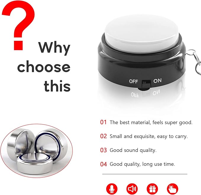 Recordable Talking Button with Keychain, 20s Voice Recording Time Sound Button Answer Buzzers Funny Buttons Record Your Own Words - White and Black (Battery Included), 2 x 2 x 1.4