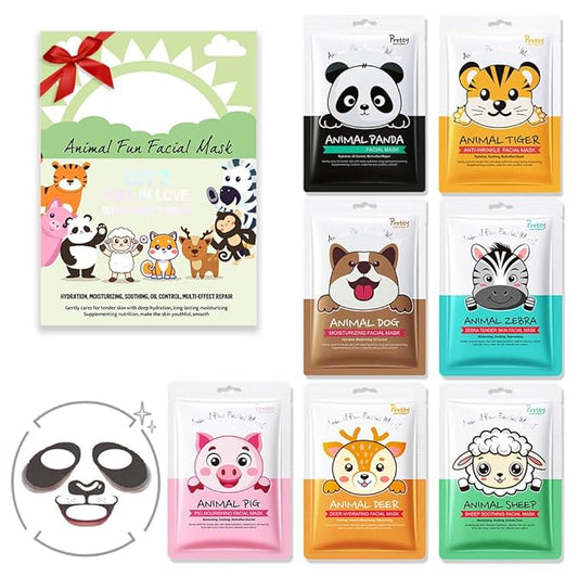 evpct 7-Pack Animal Sheet Face Facial Masks for Women Skincare Spa, Facial Spa Day Slumber Sleepover Birthday Party Favors Supplies Kit, Natural Ingredients, Hydrate and Soothe for All Skin Types